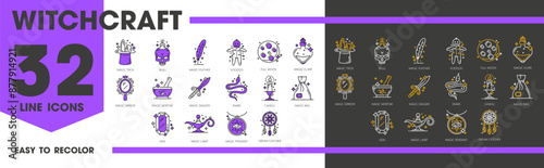 Witchcraft and magic line icons of mystery and esoteric astrology, vector symbols. Witchcraft and occult magic icons of witch elixir, voodoo doll and dream catcher, magician trick hat and magic lamp
