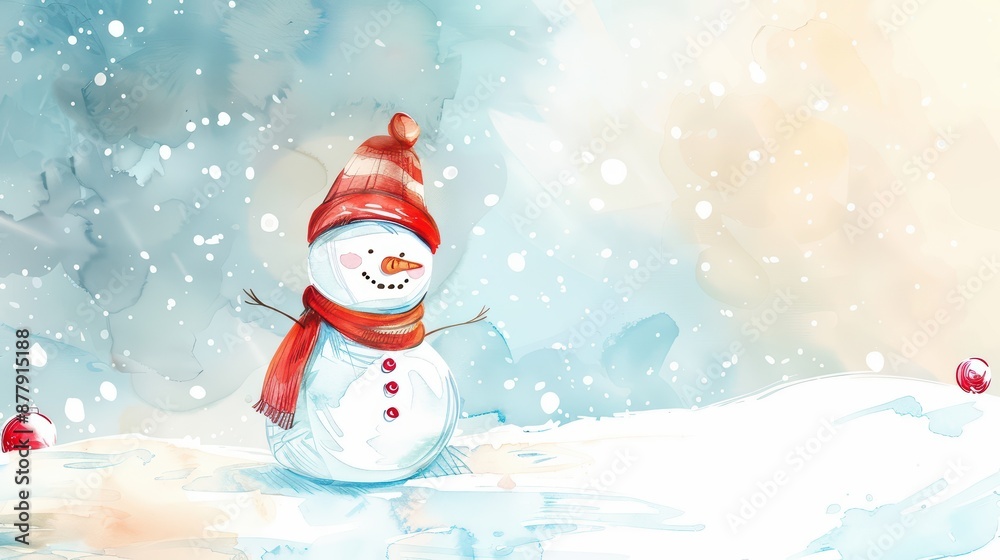 Fototapeta premium Cute snowman in Winter Desktop wallpaper, water color style