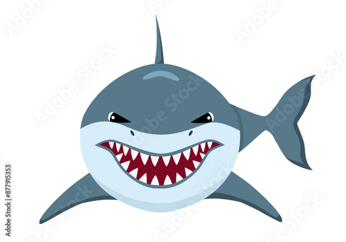 Angry Shark animal front view. Underwater swimming shark, toothy fish character. Ocean aquatic shark animal vector cartoon on white background.