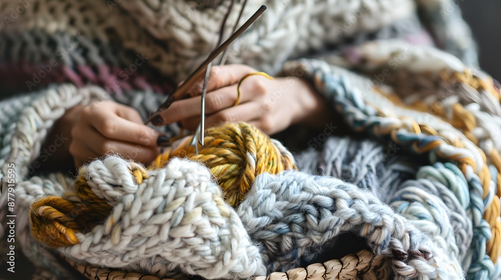 Knitting a Blanket: Hands knitting a cozy blanket, with yarn and needles in a basket.
Knitting a Blanket: Hands knitting a cozy blanket, with yarn and needles in a basket.