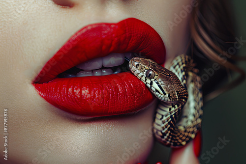 Woman's red lips with a snake emerging, symbolizing danger, seduction, and a vicious nature