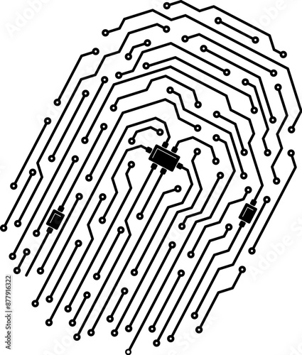 Computer digital fingerprint made of circuit board patterns symbolizing technology, security, and innovation. Vector black finger print, symbol of biometrics, cybersecurity, and digital identification