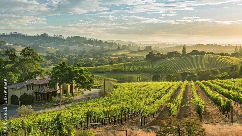 Fototapeta premium A vineyard tour in Napa Valley, with rows of grapevines, elegant tasting rooms, and a view of the rolling hills