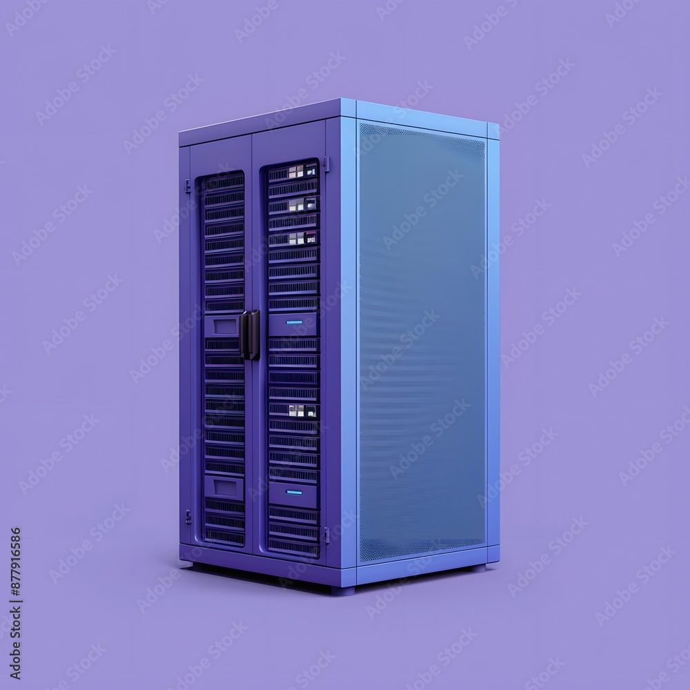 A modern server rack with multiple units, set against a purple background, illustrating data storage and technology infrastructure. A modern server rack with multiple units, set against a purple background, illustrating data storage and technology infrastructure.