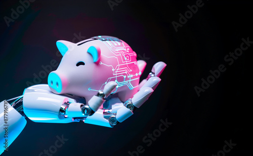 Robot hand holding futuristic piggy bank, AI (Artificial intelligence) Financing