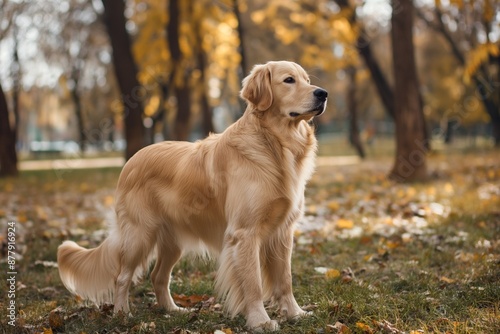 Golden Retriever standing proudly in a park with fall foliage in the background. Perfect for showcasing the dog's majestic stance and the beauty of autumn.