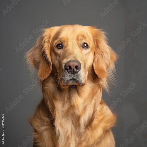 Golden Retriever in a studio setting looking straight at the camera, showcasing the dog's calm and composed expression.
