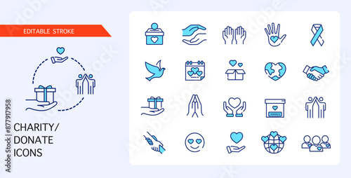 Charity. A donation. Volunteering. A set of editable icons. A vector image.