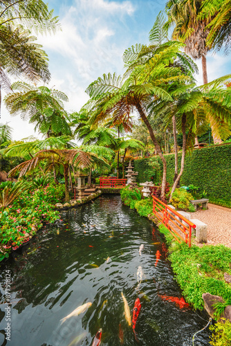 Monte Palace, Tropical Garden with Waterfalls, Lakes and traditional buildings above the city of Funchal