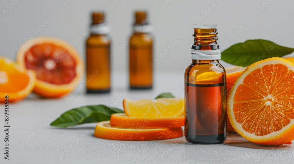 Citrus aromatherapy scene with essential oil bottles, fresh sliced fruits, and soft lighting, inviting a serene and rejuvenating ambiance Citrus aromatherapy scene with essential oil bottles, fresh sliced fruits, and soft lighting, inviting a serene and rejuvenating ambiance