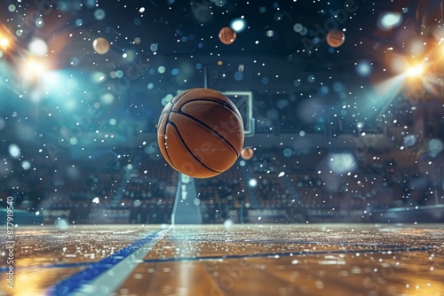 Basketball suspended in sparkling arena