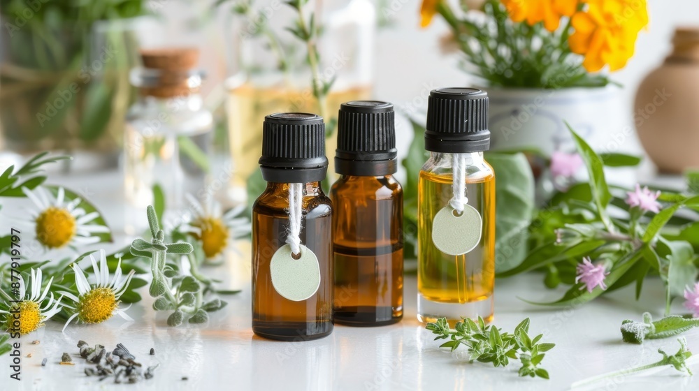Close-up of essential oil vials, unique fragrance tags, surrounded by fresh herbs and flowers, creating a serene and aromatic atmosphere Close-up of essential oil vials, unique fragrance tags, surrounded by fresh herbs and flowers, creating a serene and aromatic atmosphere