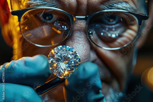 A jeweler evaluates a diamond's characteristics with a loupe. photo