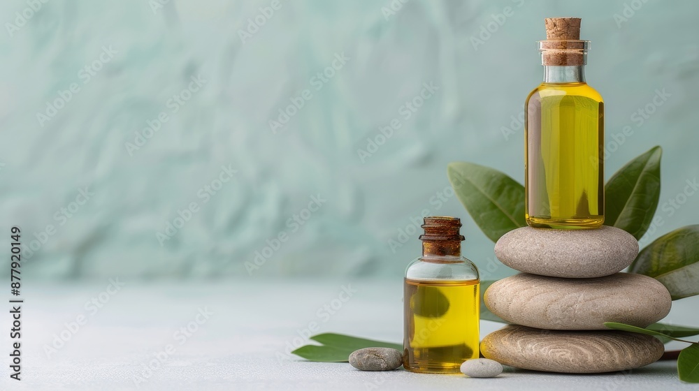 Obraz premium Custom aromatherapy oils arranged with fresh botanical elements, inviting spa setting with earthy tones and peaceful vibes