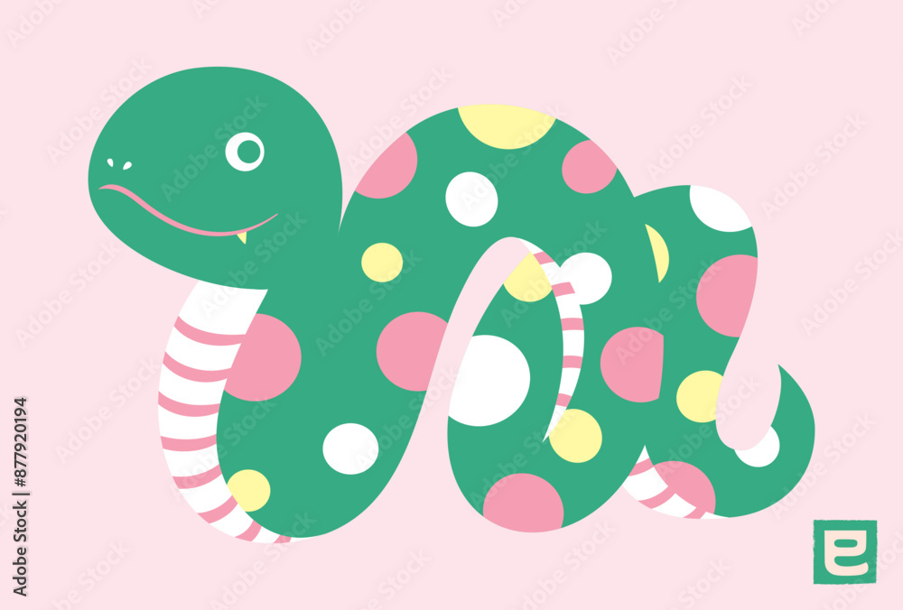 Naklejka premium 2025年 巳年の蛇(へび・ヘビ)のポップな年賀状イラスト_かわいい年賀素材テンプレート