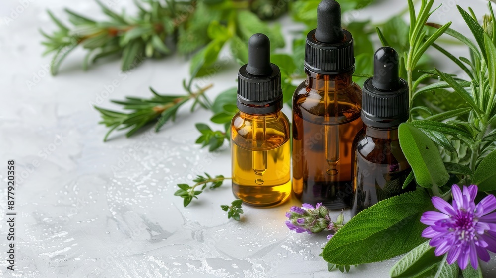 Custom-blended aromatherapy oils in elegant glass bottles, surrounded by fresh herbs and flowers, a calming ambiance for relaxation and wellness Custom-blended aromatherapy oils in elegant glass bottles, surrounded by fresh herbs and flowers, a calming ambiance for relaxation and wellness