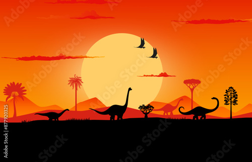 Dinosaurs sunset silhouettes on prehistoric landscape with trees and plants. Vector background with sauropod dino terrain species and flying pterosaur shadows in front of large sun in orange dusk sky