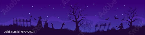 Halloween cemetery silhouette at night vector banner. Halloween horror holiday spooky graveyard landscape of scary zombies reaching out from graves, creepy trees and bats on dark night sky background