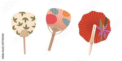 Illustration Of Three Decorative Asian Hand Fans With Unique Colorful Designs, In Various Shapes And Patterns