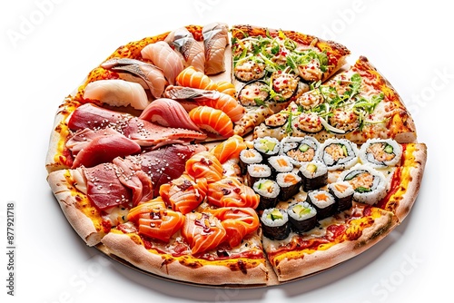 Scrumptious seafood pizza with an assortment of sushi and sashimi toppings photo