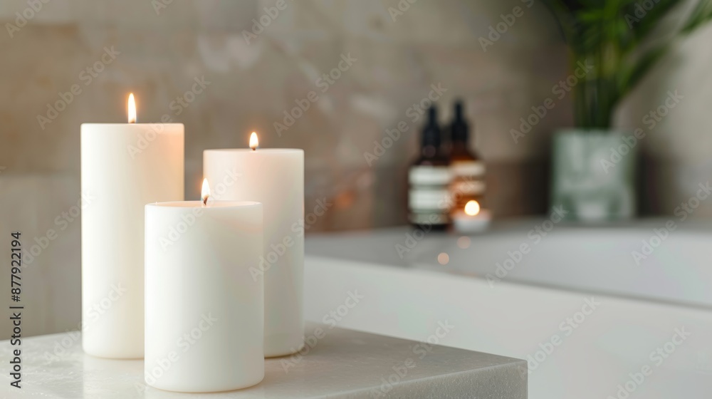 Elegant bath scene with long-lasting soy candles and essential oils, creating a luxurious and relaxing environment, soft and inviting light Elegant bath scene with long-lasting soy candles and essential oils, creating a luxurious and relaxing environment, soft and inviting light