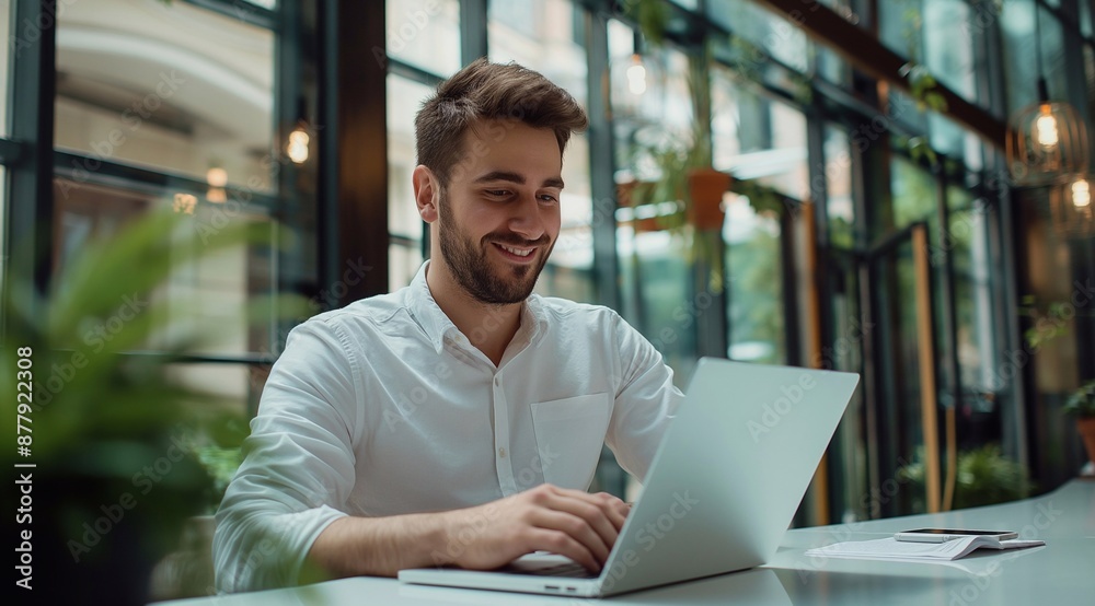 happy male accountant with income tax documents and laptop working at desk in a modern office with a glass-wall interior. happy male accountant with income tax documents and laptop working at desk in a modern office with a glass-wall interior.