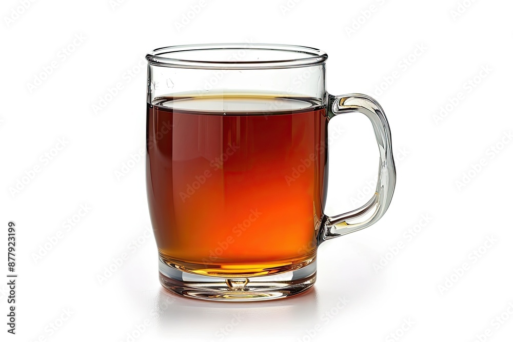 Clear glass mug filled with amber liquid on white background Clear glass mug filled with amber liquid on white background