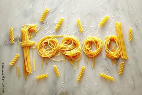 Pasta noodles arranged to spell out the word food photo