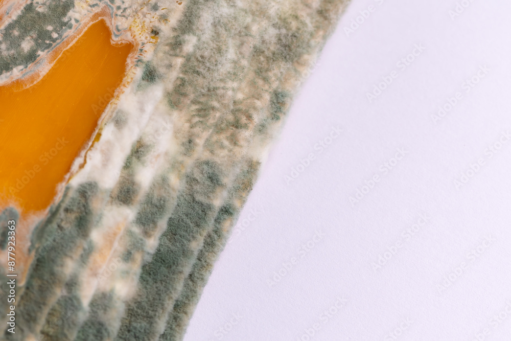 Slices of moldy yellow cheese arranged on a bamboo cutting board. Green mold spores on food. Expired wasted food