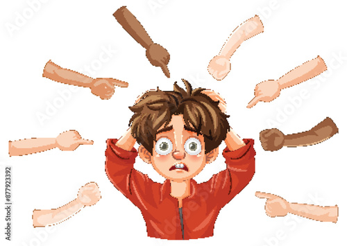 Boy stressed by multiple pointing fingers