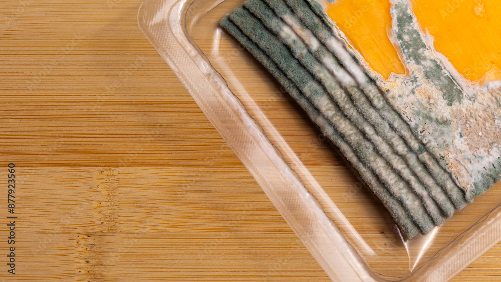 Slices of moldy yellow cheese arranged on a bamboo cutting board. Green mold spores on food. Expired wasted food