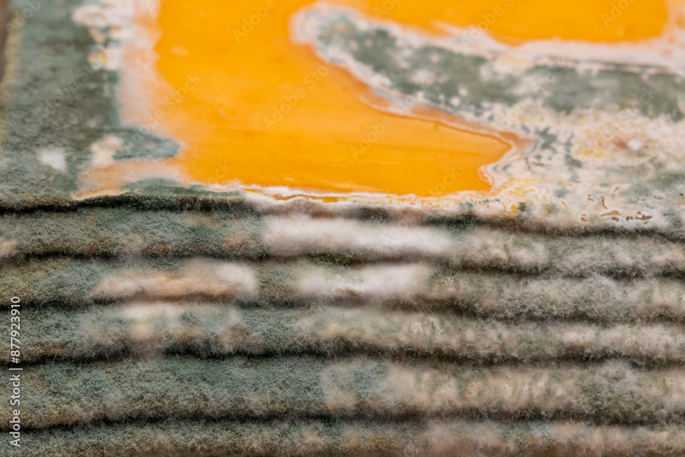 Slices of moldy yellow cheese arranged on a bamboo cutting board. Green mold spores on food. Expired wasted food