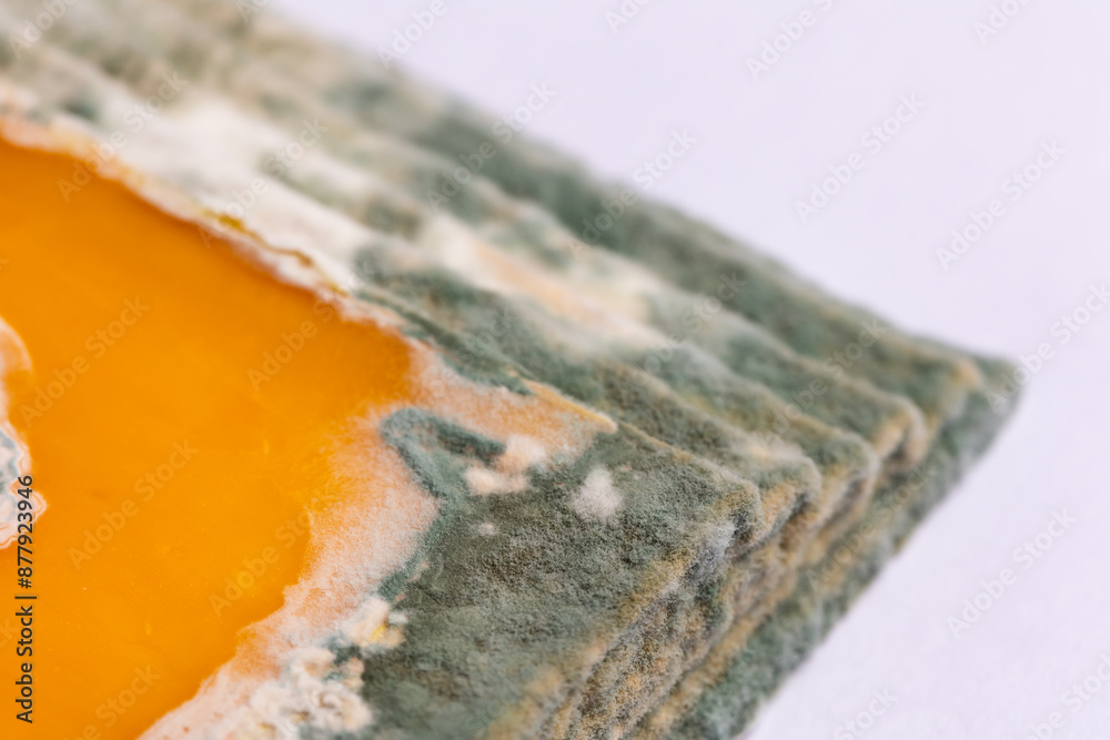 Slices of moldy yellow cheese arranged on a bamboo cutting board. Green mold spores on food. Expired wasted food