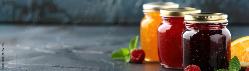 Assorted jars of fruit jam on a dark background with fresh strawberries. Perfect for a breakfast or homemade food concept. Assorted jars of fruit jam on a dark background with fresh strawberries. Perfect for a breakfast or homemade food concept.