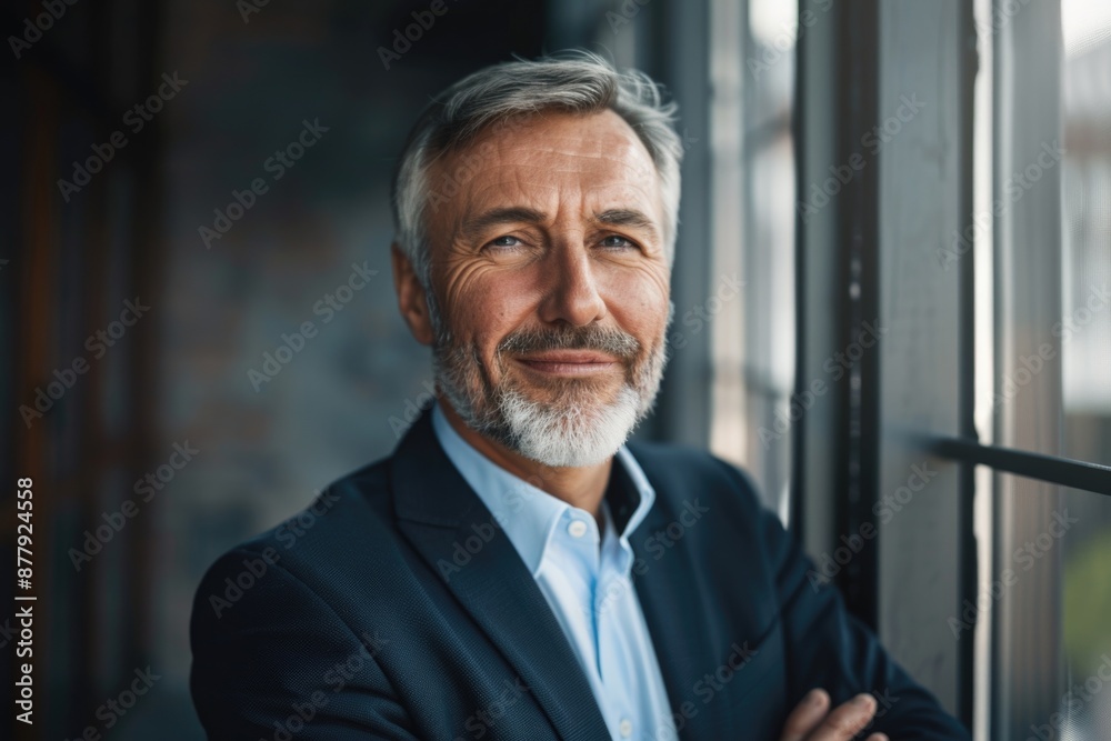A person in a suit stands by a window, possibly contemplating or working A person in a suit stands by a window, possibly contemplating or working