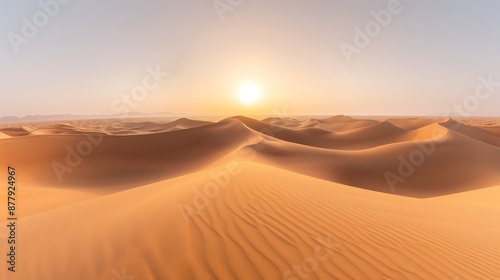 Desert panorama with the sun rising, golden light enhancing the vast dunes, wide perspective showcasing the expansive arid landscape