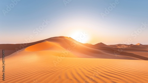 Desert panorama with the sun rising, golden light enhancing the vast dunes, wide perspective showcasing the expansive arid landscape