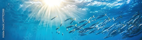 A school of fish swims in the clear blue ocean under the sun's rays, creating a breathtaking underwater scene with vibrant marine life.