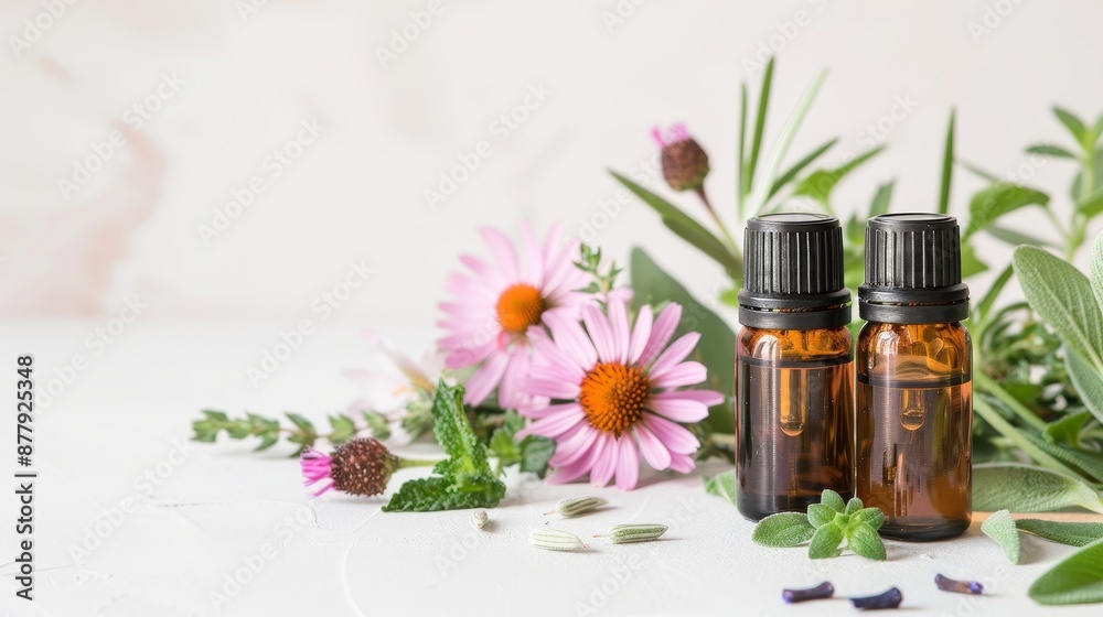 Essential oils with sweet fragrances, aesthetically arranged with fresh herbs and flowers, soft and inviting background, peaceful setting Essential oils with sweet fragrances, aesthetically arranged with fresh herbs and flowers, soft and inviting background, peaceful setting