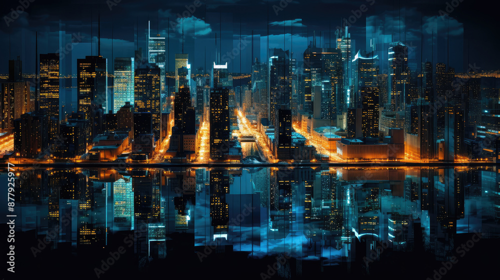 Naklejka premium Nighttime Urban Skyline with Reflections