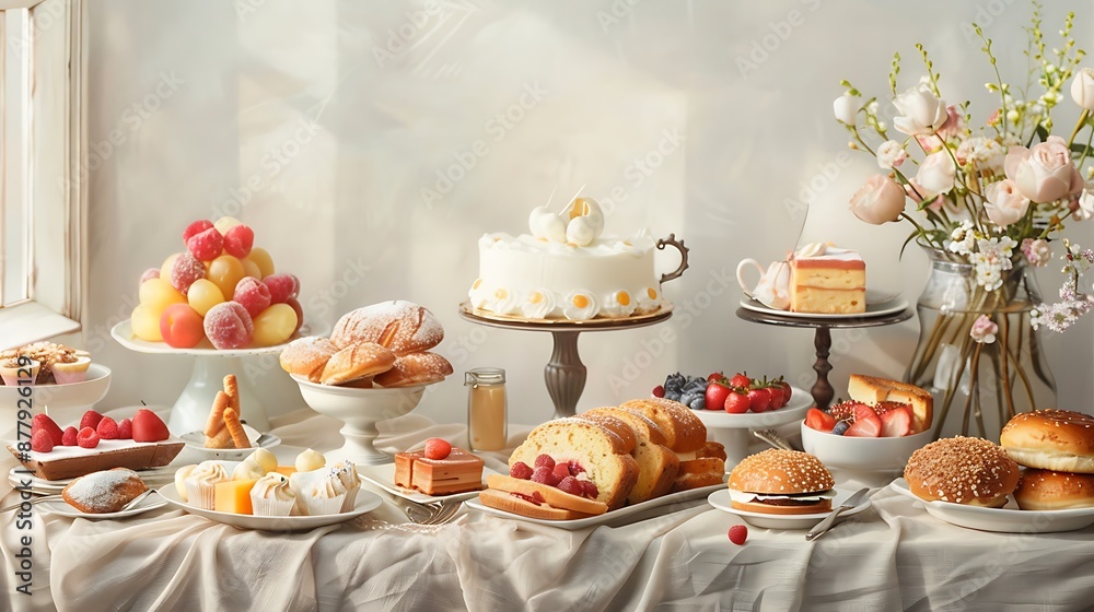 Fototapeta premium Breakfast table in hotel with sweets cakes cheese bread and bread