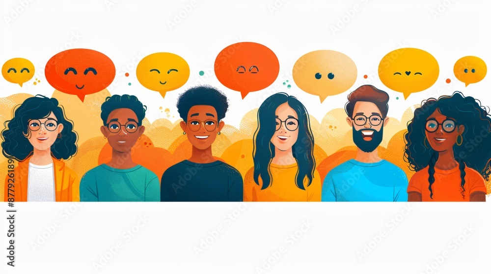 Witness a diverse group of friends having a lively conversation in a vibrant and colorful setting