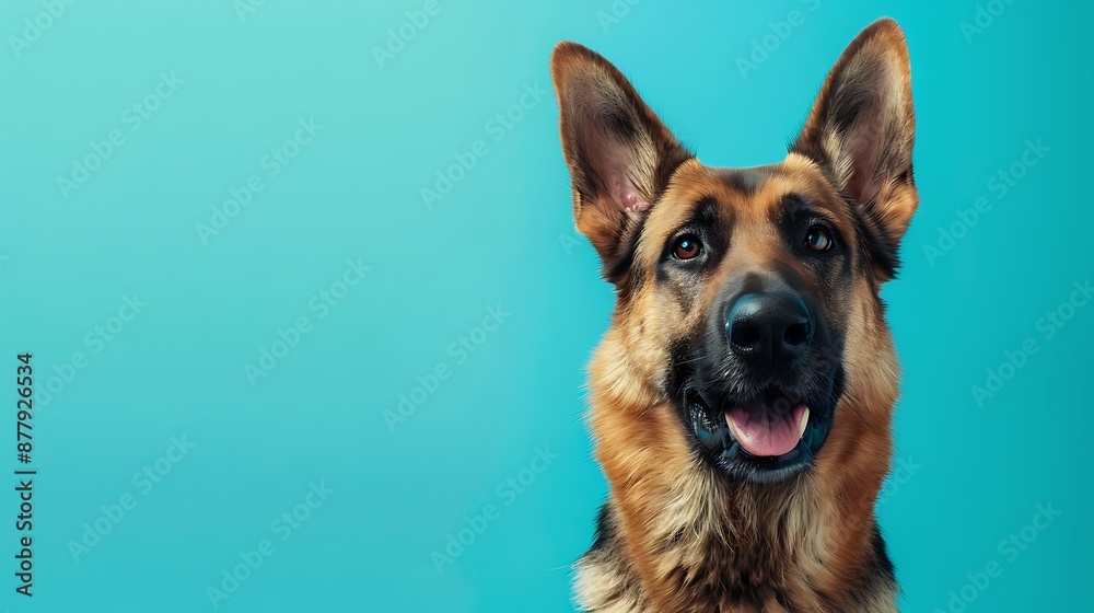 A Close Up of a German Shepherd on a blue background A Close Up of a German Shepherd on a blue background