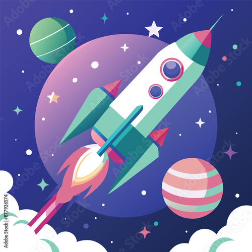 rocket heading into space with nearby stars