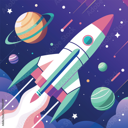 rocket heading into space with nearby stars