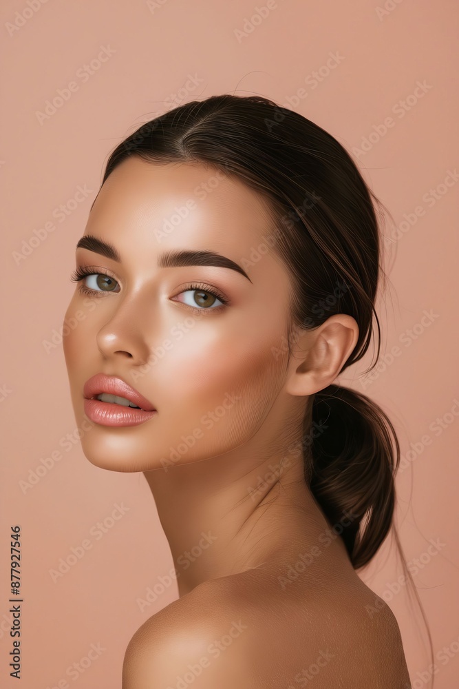 A woman with a ponytail and makeup. A woman with a ponytail and makeup.