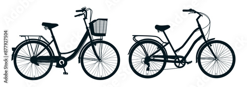 Ladies Bicycle, Cute women's bike with a low frame and basket in front. Vintage Bicycle illustration 