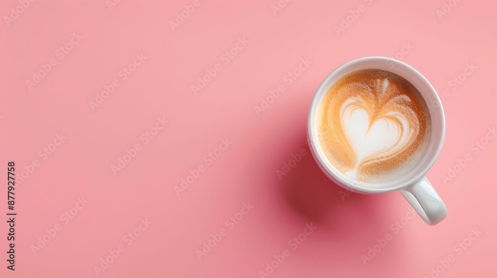Coffee cup of art latte with froth heart shaped isolated on pink background Coffee cup of art latte with froth heart shaped isolated on pink background