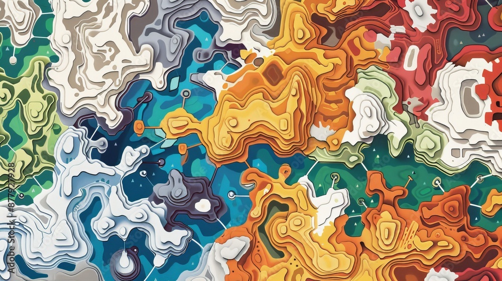 Obraz premium An abstract map of an imaginary world, with colorful, interconnected shapes representing different regions and terrains