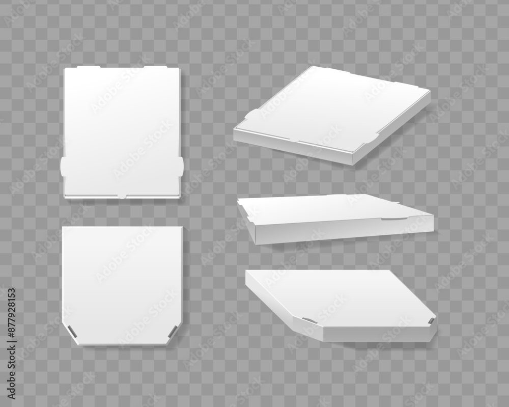 Blank Pizza Boxes Shown From Different Angles. Realistic 3d Vector Fast Food Packaging Mockups For Delivery Designs Blank Pizza Boxes Shown From Different Angles. Realistic 3d Vector Fast Food Packaging Mockups For Delivery Designs